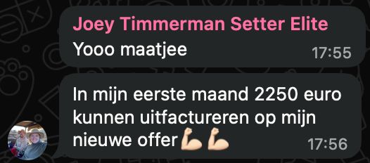 WhatsApp-bericht van Joey: in mijn eerste maand 2250 euro kunnen uitfactureren bij mijn nieuwe opdrachtgever